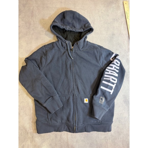 Carhartt Tops - Carhartt Rain Defender Full Zip Hoodie Navy Blue Sleeve Logo Sweatshirt L 12/14